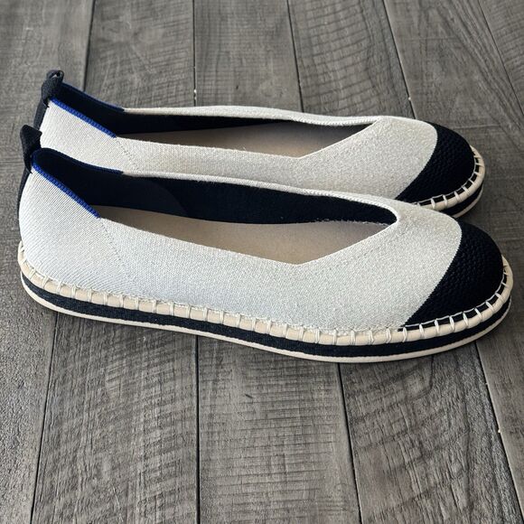NEW Rothy’s Boardwalk Espadrille Flats 11.5 Ivory Black  Comfortable Padded - Picture 1 of 8